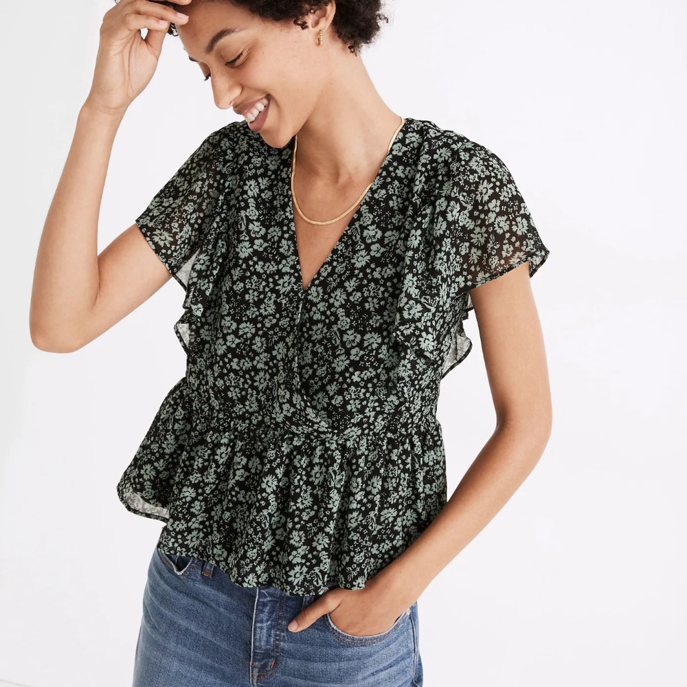 Madewell Georgette Ruffle-Sleeve Peplum Top in Fleur Field